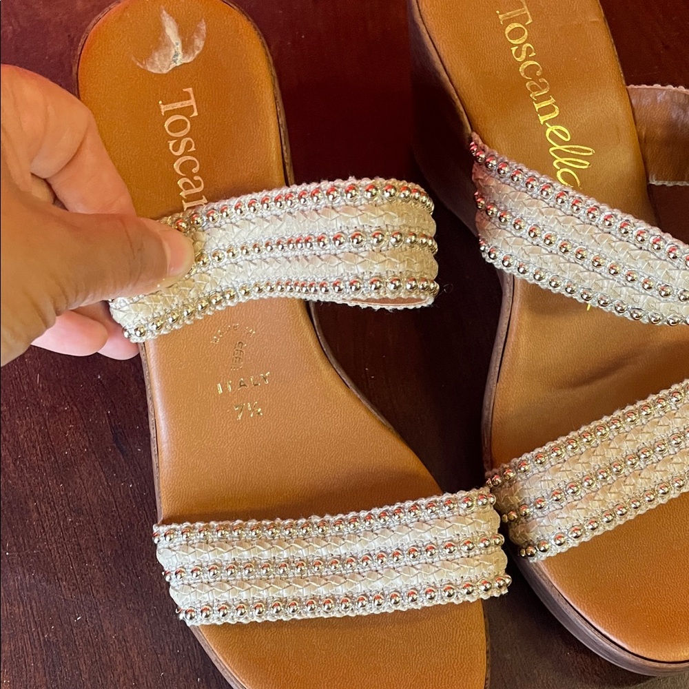 Toscanelle Cream Beaded Double-Strap Slide Sandals